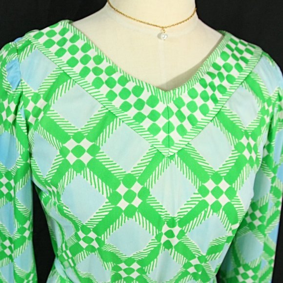 Vintage Collectors Anne Fogarty Checkered Long Sleeve Sheath Dress S M 1970s - Picture 2 of 12